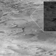 Perseverance with parachute unfurled. The white circle is the eventual landing spot.